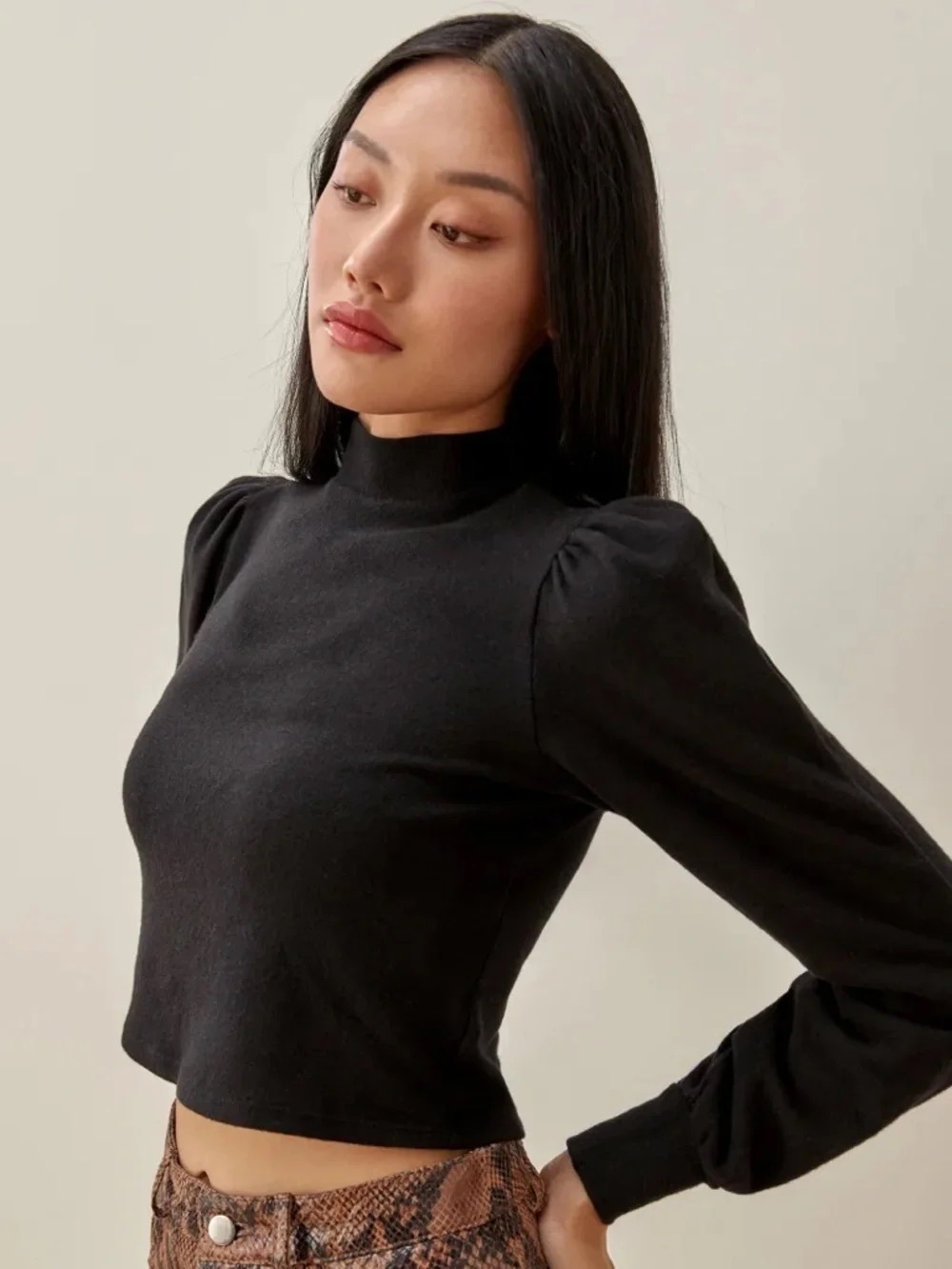 Reformation Cydney Black Puff-Sleeve Mock Neck Sweater Top